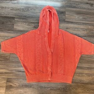 Free People Coral Oversized  Dolman Sleeve Washed Out Hooded Cable Knit Cardigan